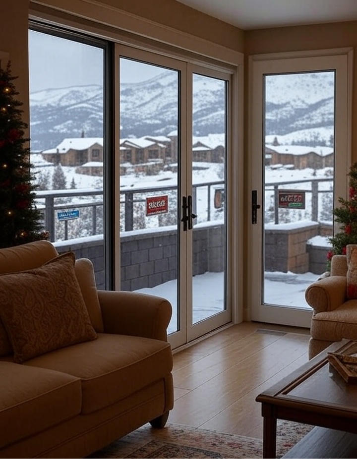 Sliding glass patio doors and hinged door with snowy mountain views